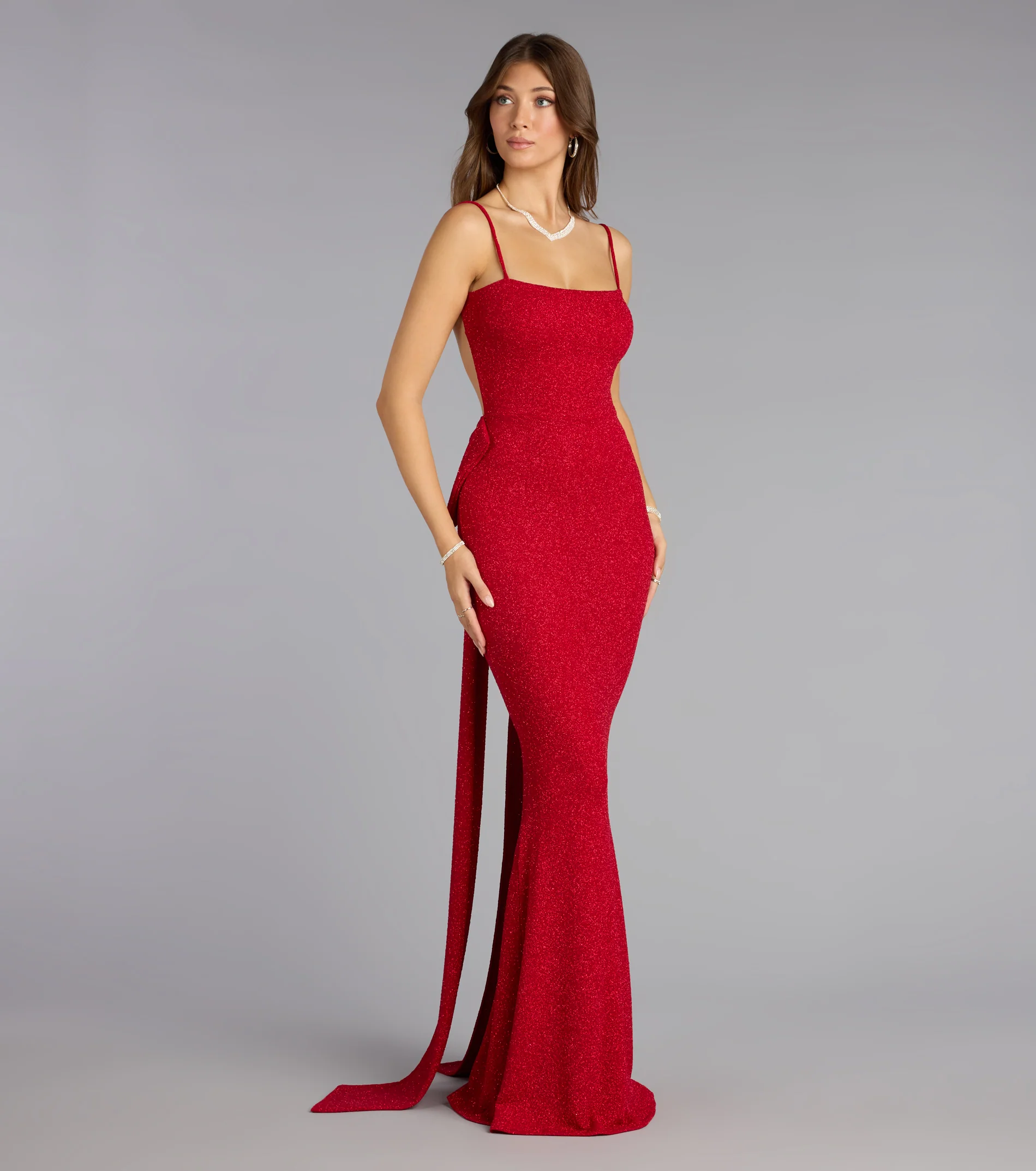 Gwendolyn Glitter Knit Bow-Back Mermaid Dress-RED