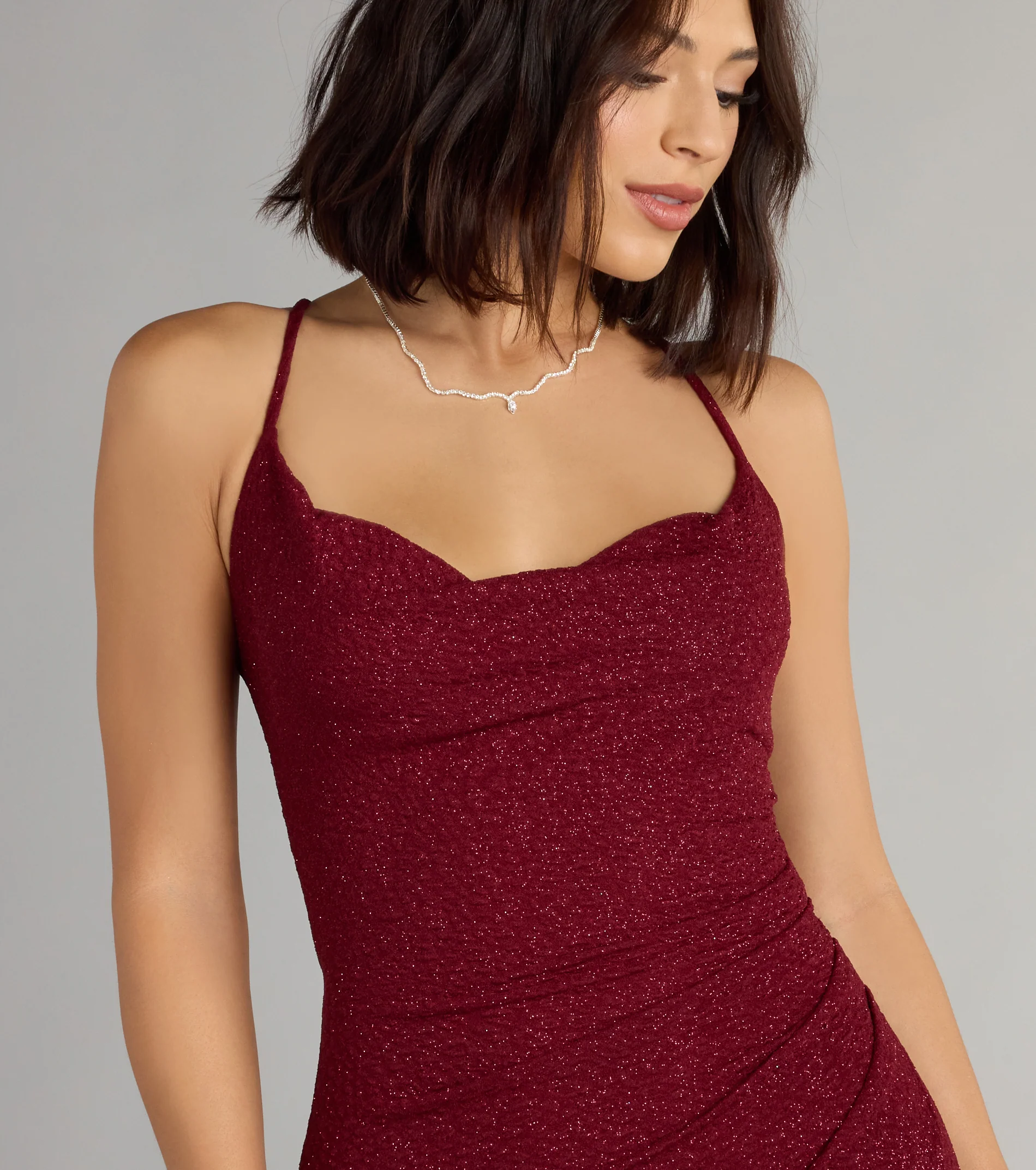 Amirah Formal Glitter Cowl Neck Column Dress-BURGUNDY