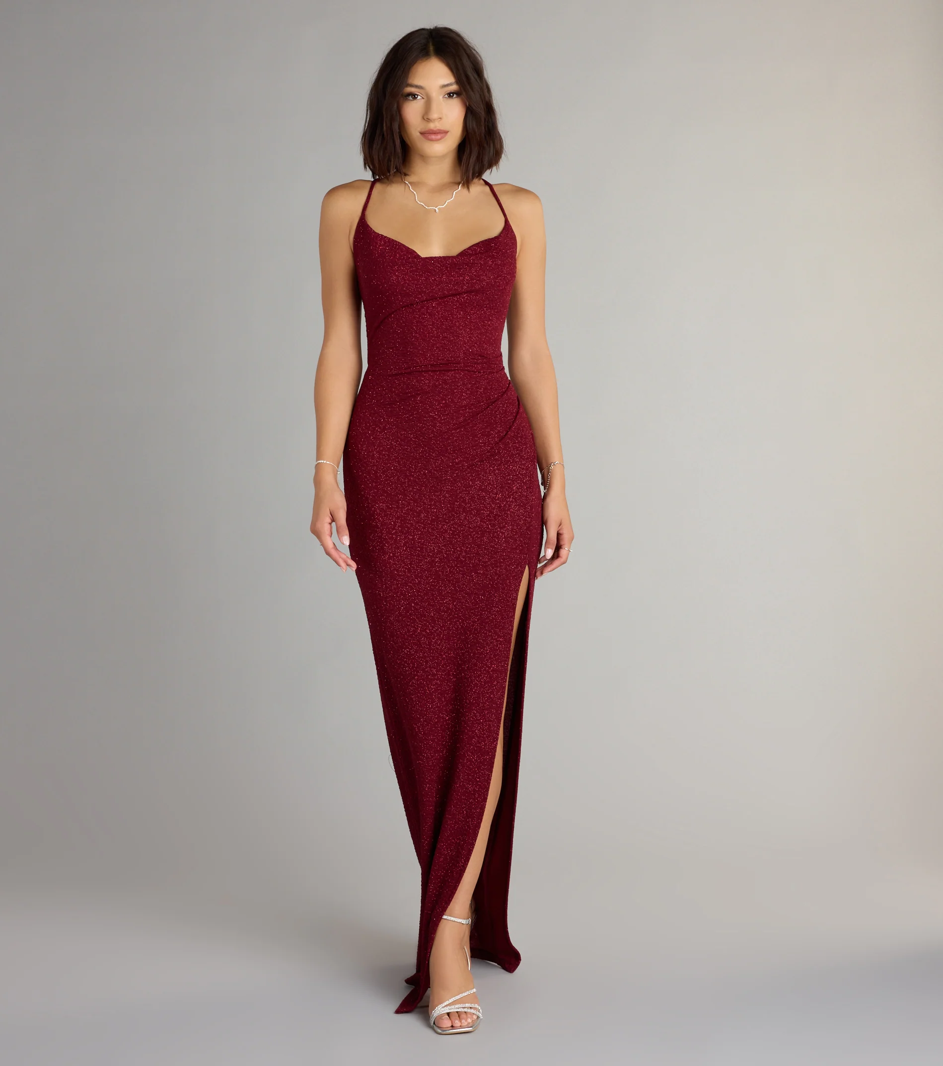 Amirah Formal Glitter Cowl Neck Column Dress-BURGUNDY
