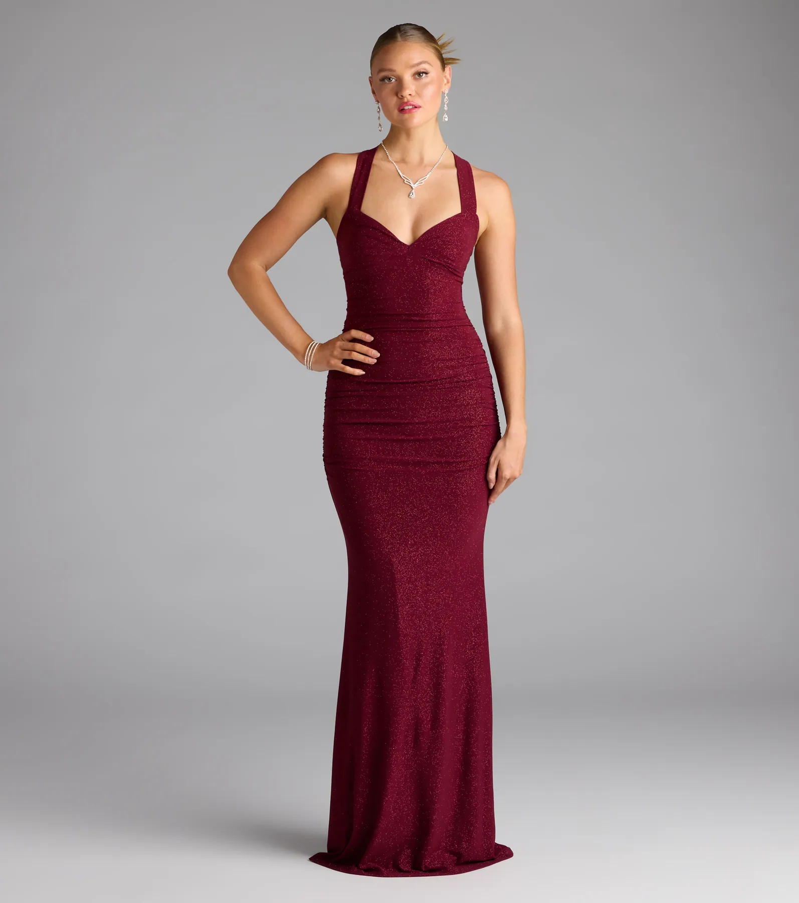 复制Tatiana Lace-Up Mermaid Glitter Formal Dress-Wine