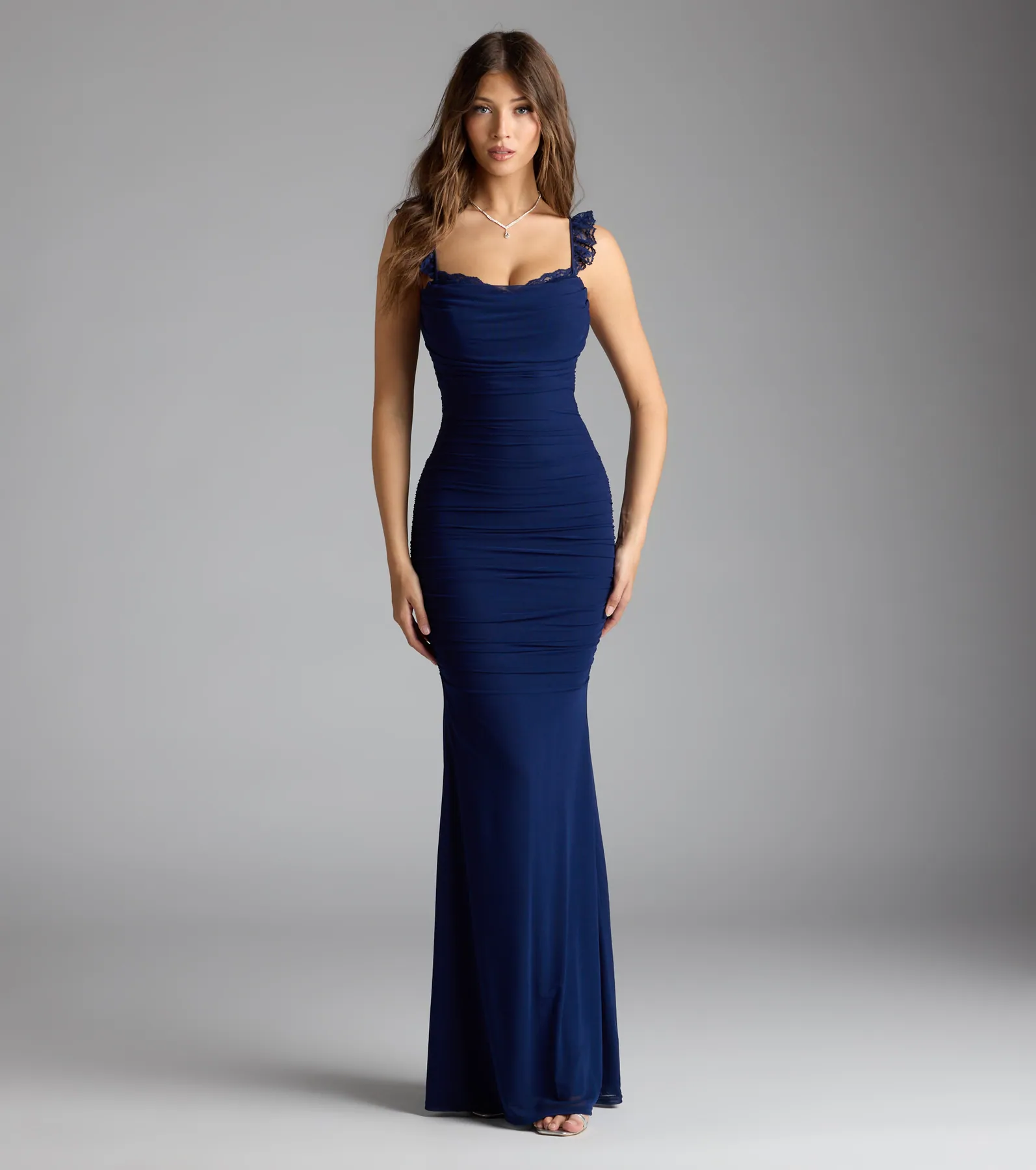 Morgana Lace-Up Ruched Mermaid Dress-NAVY