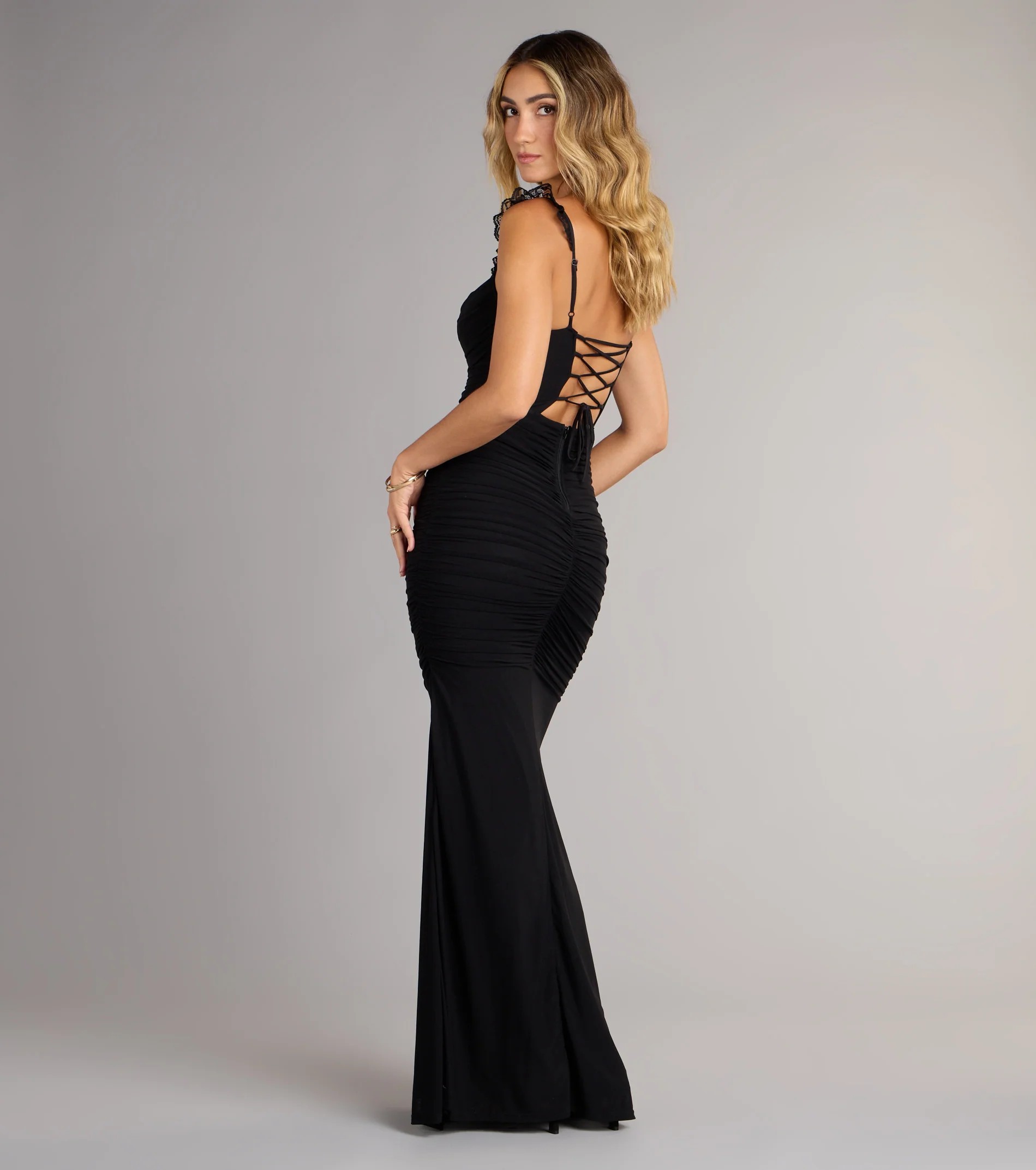 Morgana Lace-Up Ruched Mermaid Dress-BLACK