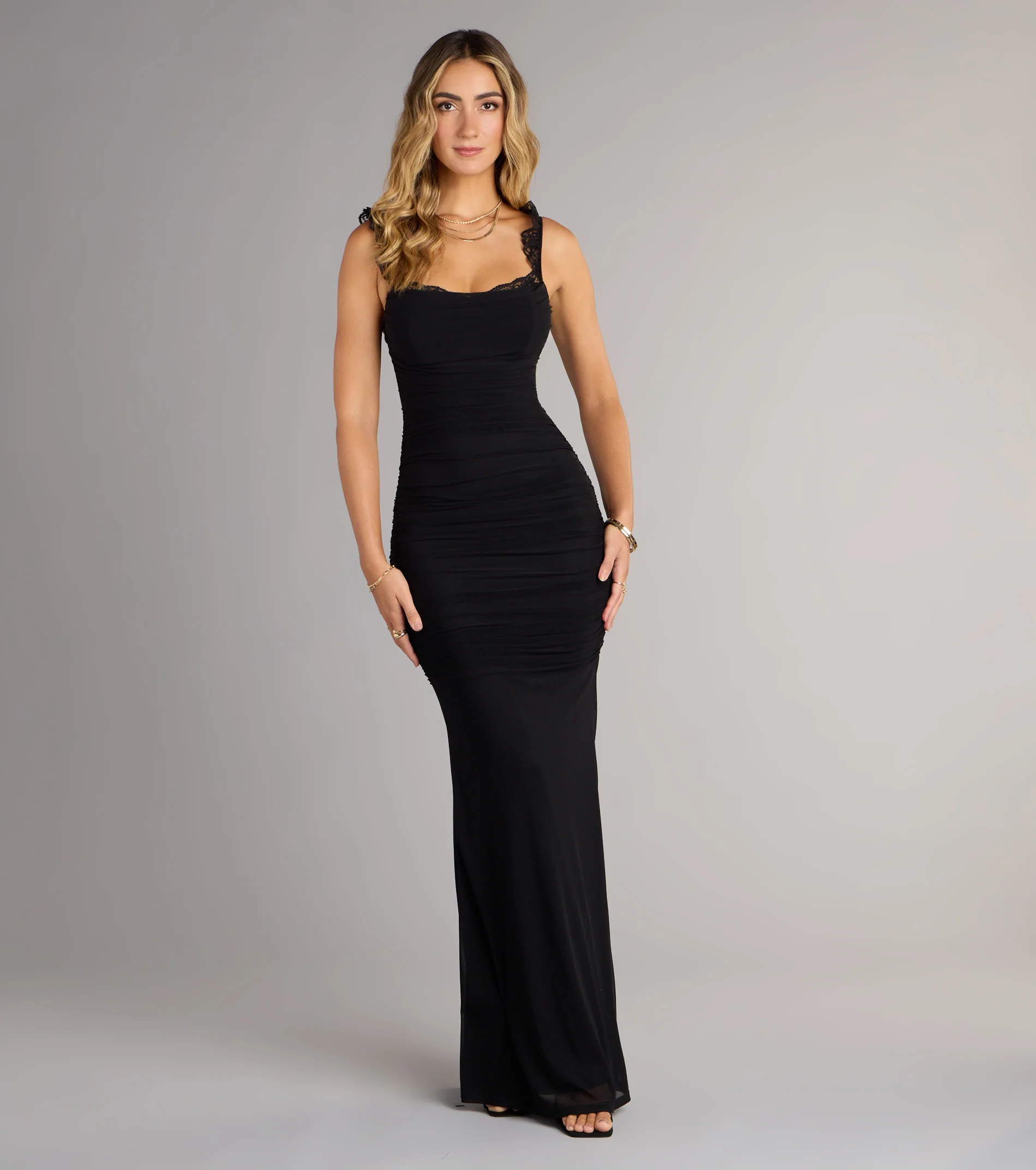 Morgana Lace-Up Ruched Mermaid Dress-BLACK