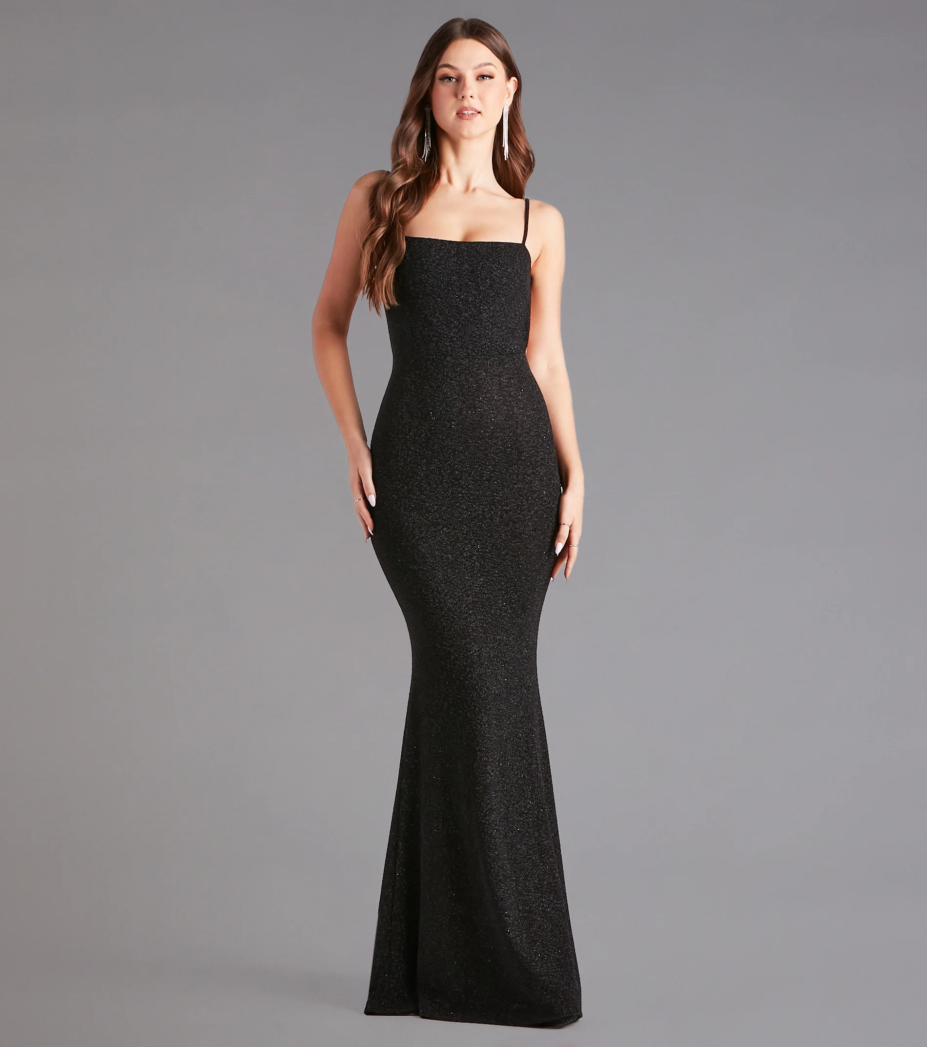 Gwendolyn Glitter Knit Bow-Back Mermaid Dress- BLACK