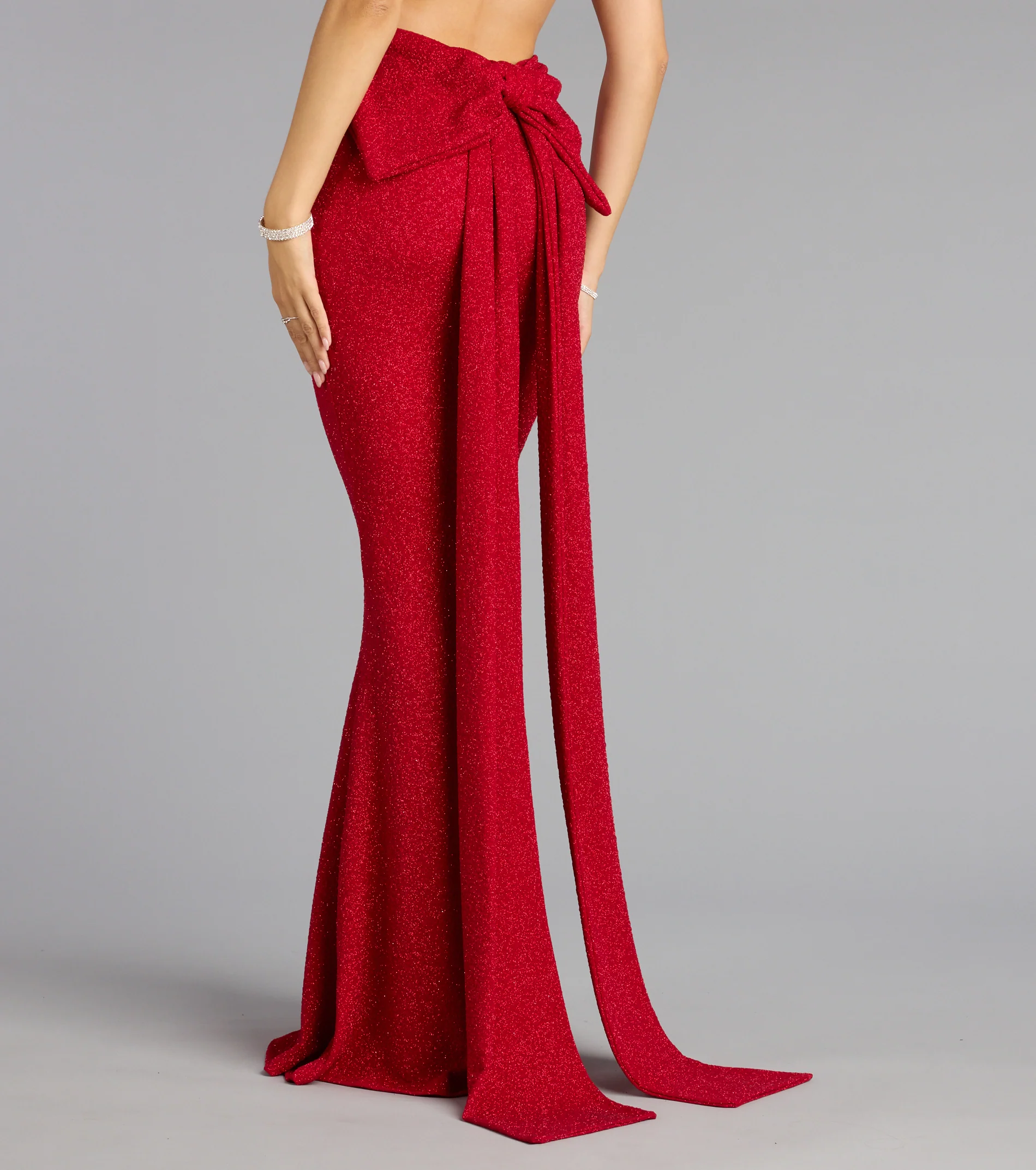 Gwendolyn Glitter Knit Bow-Back Mermaid Dress-RED
