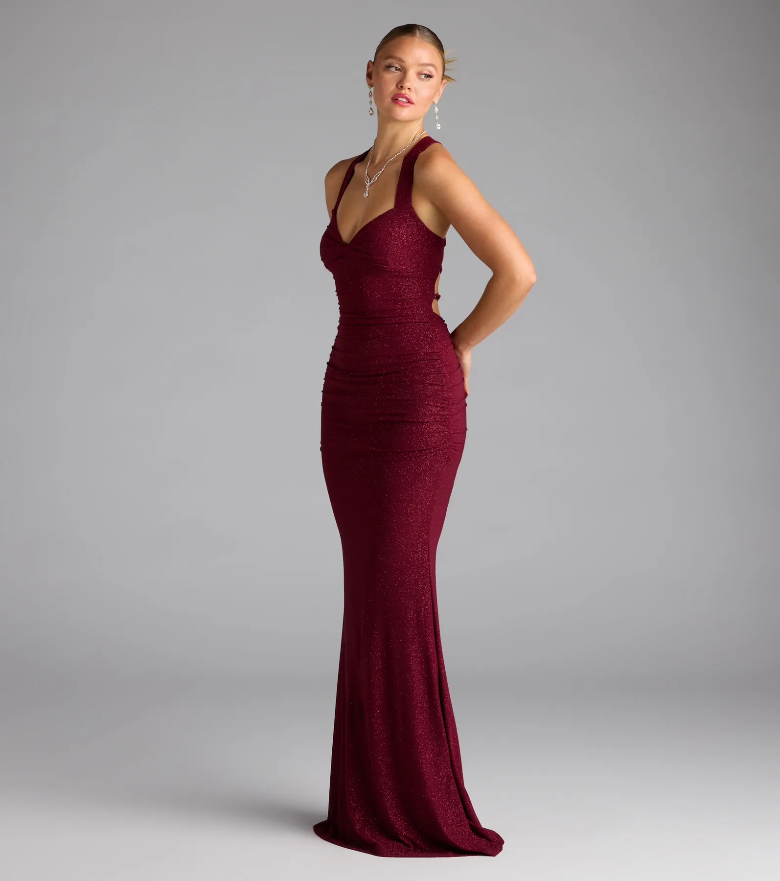 复制Tatiana Lace-Up Mermaid Glitter Formal Dress-Wine