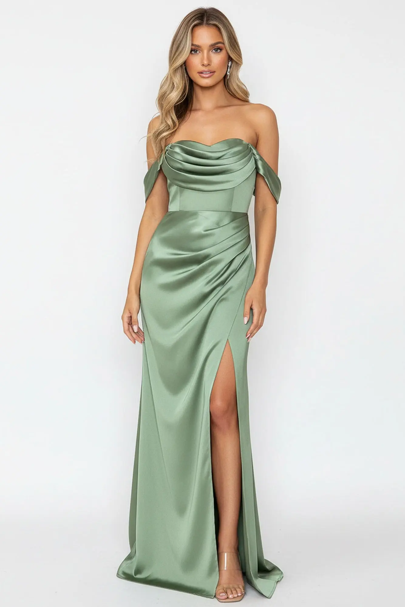Silken Starlet Off Shoulder Satin Maxi Dress Olive