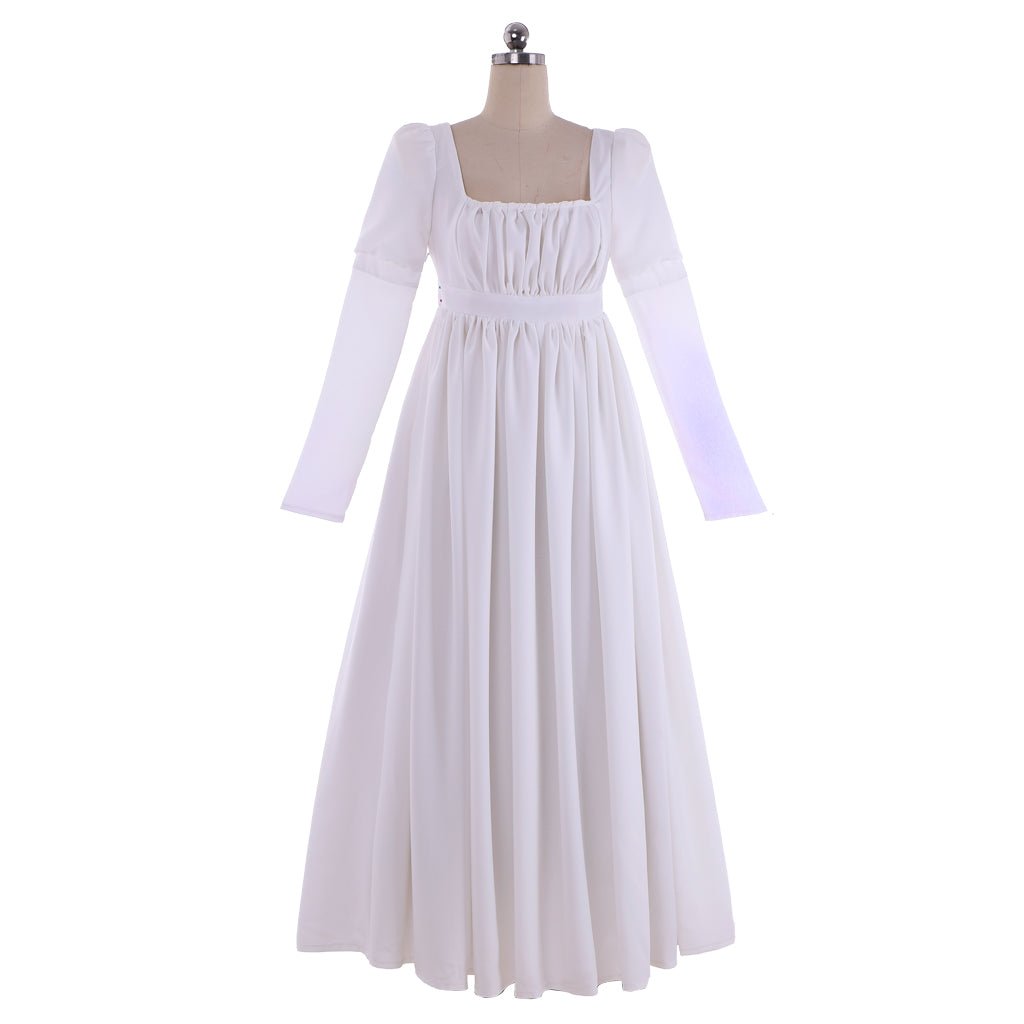 Elegante Vestido Regencia Blanco para Mujer - Estilo Clásico Jane Austen, Vestido de Bajo Busto para Baile, Traje de Boda Medieval - Fantasia Cosera