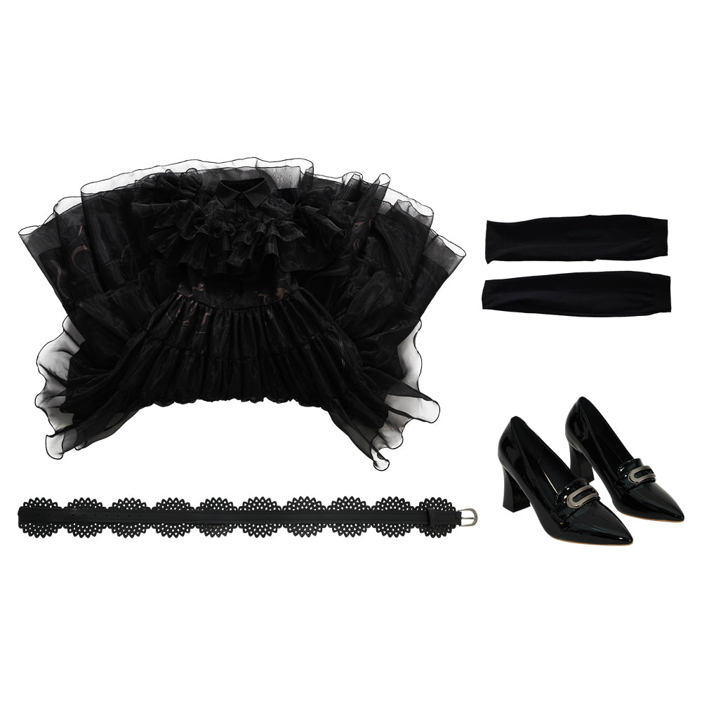 Disfraz de Wednesday Addams Vestido Negro para Adultos con Zapatos - Ideal para Halloween, Carnaval y Fiestas - Fantasia Cosera