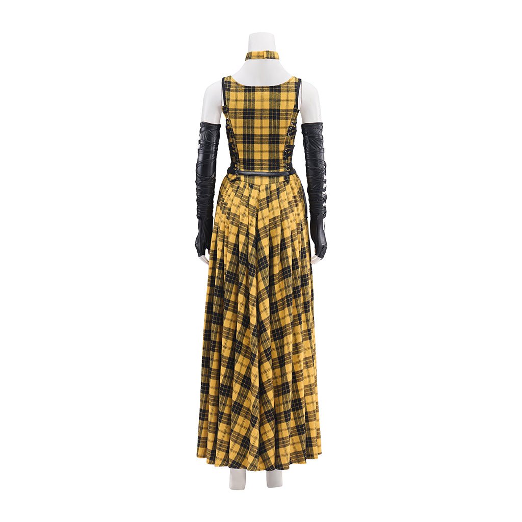 Vestido Largo de Cuadros Amarillos con Mangas de Cuero para Mujer - Estilo Punk Rock - Fantasia Cosera