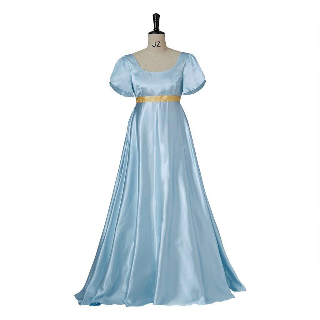 Vestido de Regencia Medieval Bridgerton para Cosplay en Azul Claro con Faja Dorada - Fantasia Cosera