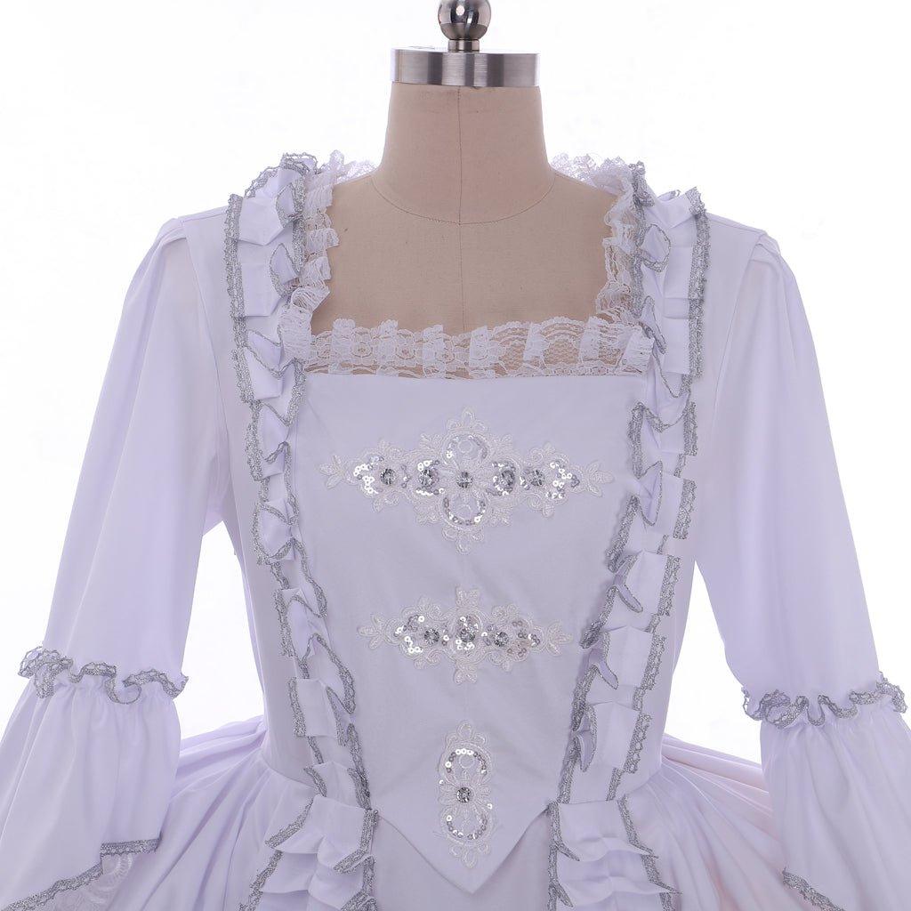 Vestido de Cosplay de Marie Antoinette para Mujer | Vestido Rococó Blanco con Volantes del Siglo XVIII - Fantasia Cosera