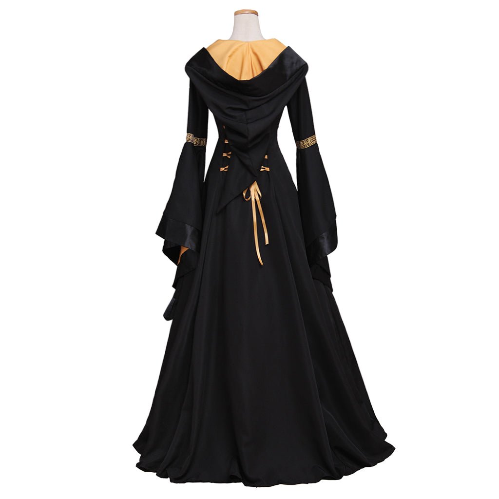 Vestido Largo Negro con Capucha Gótico Renacentista para Mujer - Disfraz de Halloween, Traje de Baile, Vestido de Reina Medieval - Fantasia Cosera