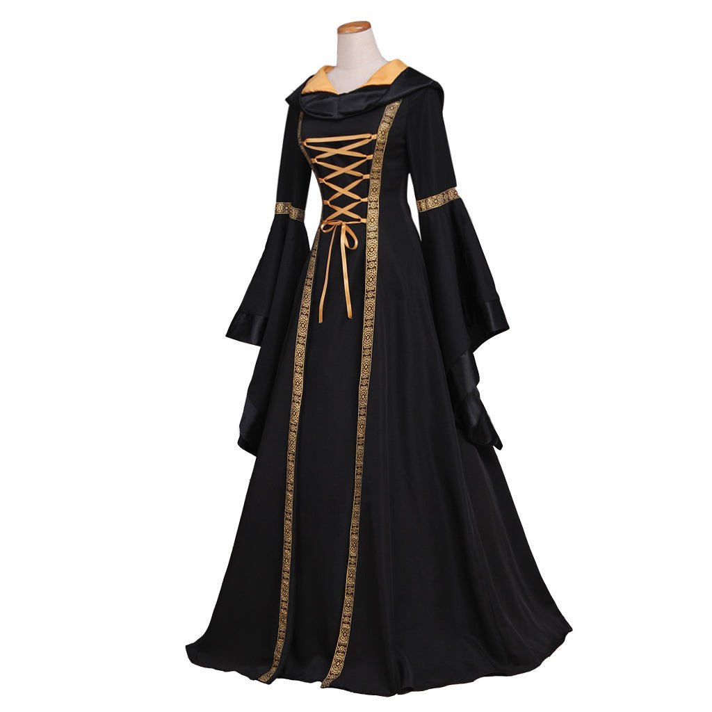 Vestido Largo Negro con Capucha Gótico Renacentista para Mujer - Disfraz de Halloween, Traje de Baile, Vestido de Reina Medieval - Fantasia Cosera