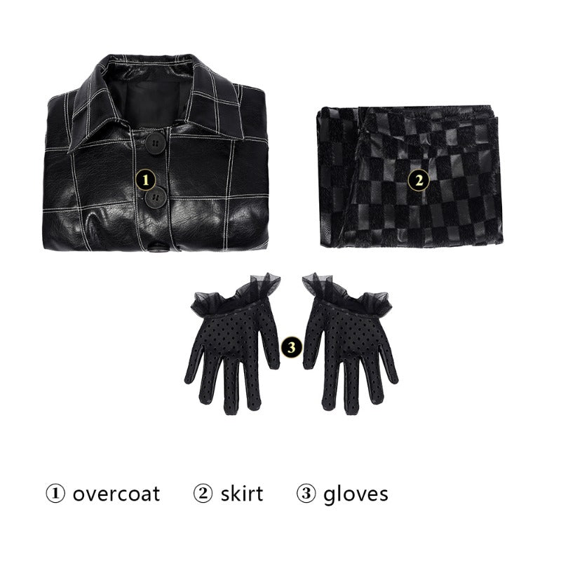 Vestido de Cruella Deville para Halloween con Chaqueta de Cuero Negro y Peluca - Fantasia Cosera
