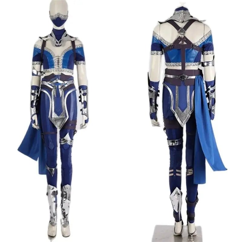 Traje de Kitana de Mortal Kombat - Top y Pantalones Azules con Máscara y Accesorios para Halloween - Fantasia Cosera