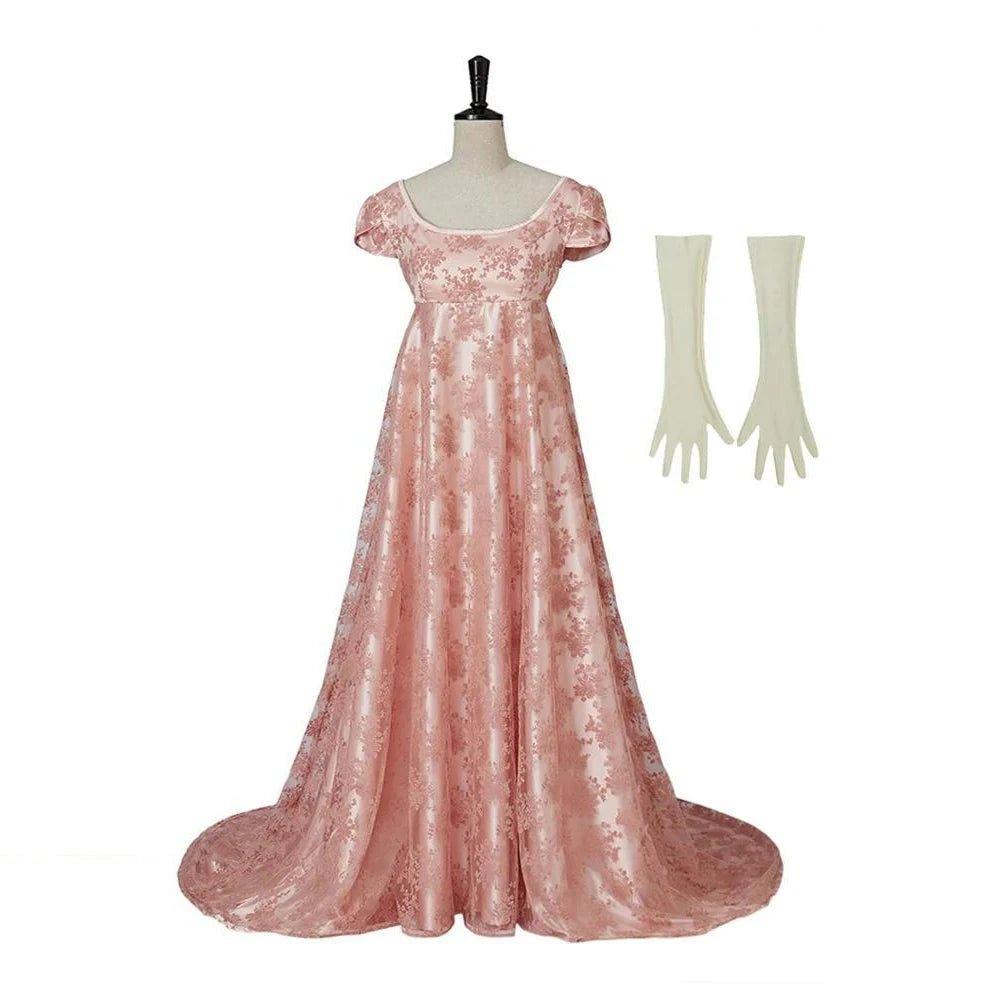 Vestido Rosa de Talle Alto del Siglo XVIII con Guantes para Mujer - Elegancia Atemporal para Cualquier Ocasión - Fantasia Cosera