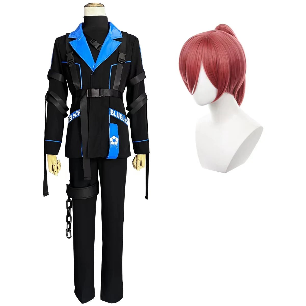 Traje de Cosplay de Chigiri de Blue Lock - Peluca, Chaqueta y Pantalones en Negro y Azul - Fantasia Cosera