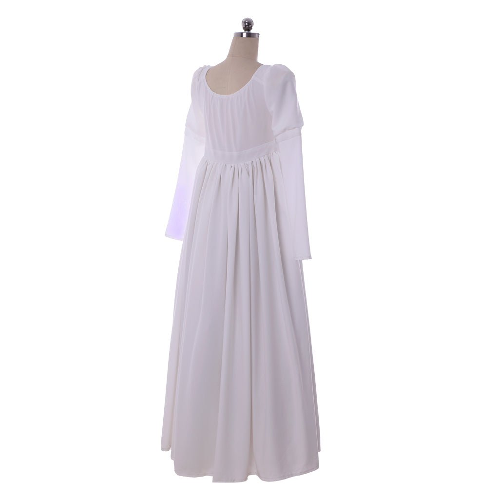 Elegante Vestido Regencia Blanco para Mujer - Estilo Clásico Jane Austen, Vestido de Bajo Busto para Baile, Traje de Boda Medieval - Fantasia Cosera