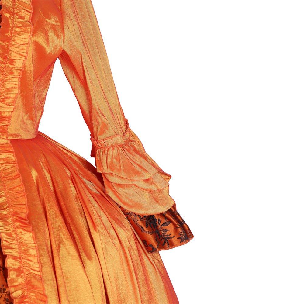 Vestido Rococó Naranja Brocado con Banda Floral en el Pecho - Un Vívido Traje de Inspiración Medieval por Fantasía Cosera - Fantasia Cosera
