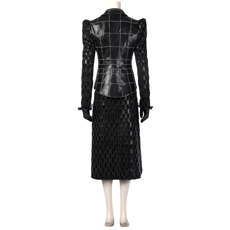 Vestido de Cruella Deville para Halloween con Chaqueta de Cuero Negro y Peluca - Fantasia Cosera