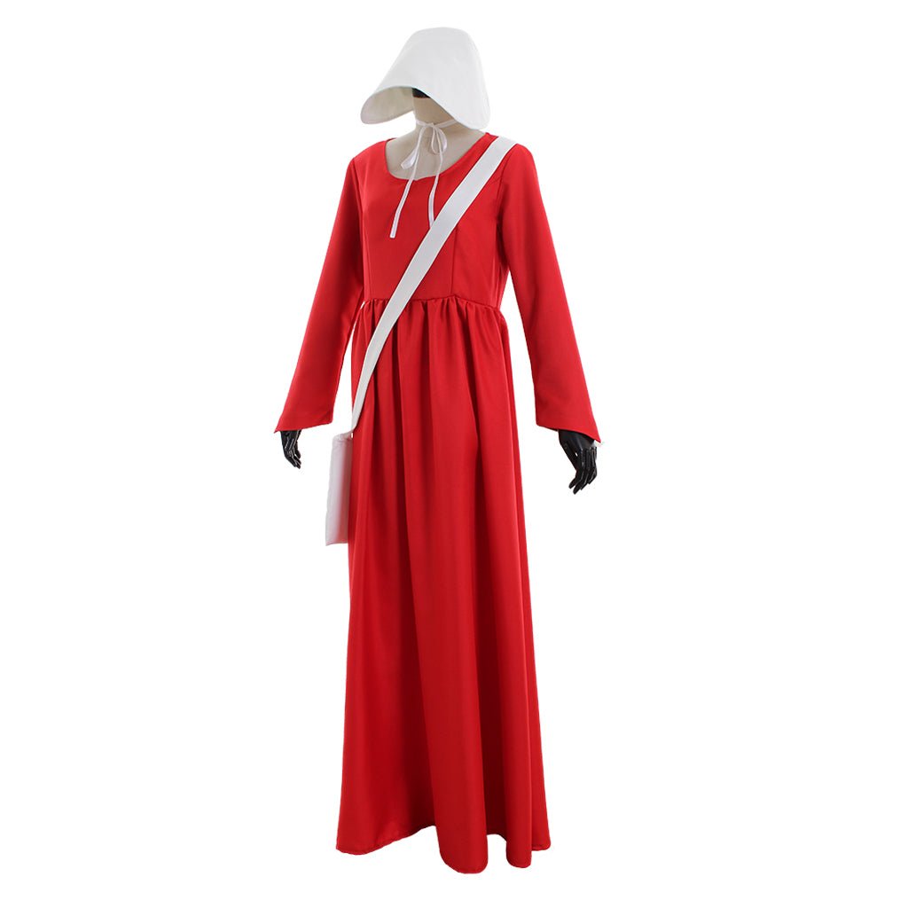 Traje de Cosplay de The Handmaid’s Tale – Capa Roja y Vestido de Offred con Sombrero Blanco y Bolso para Mujeres - Fantasia Cosera