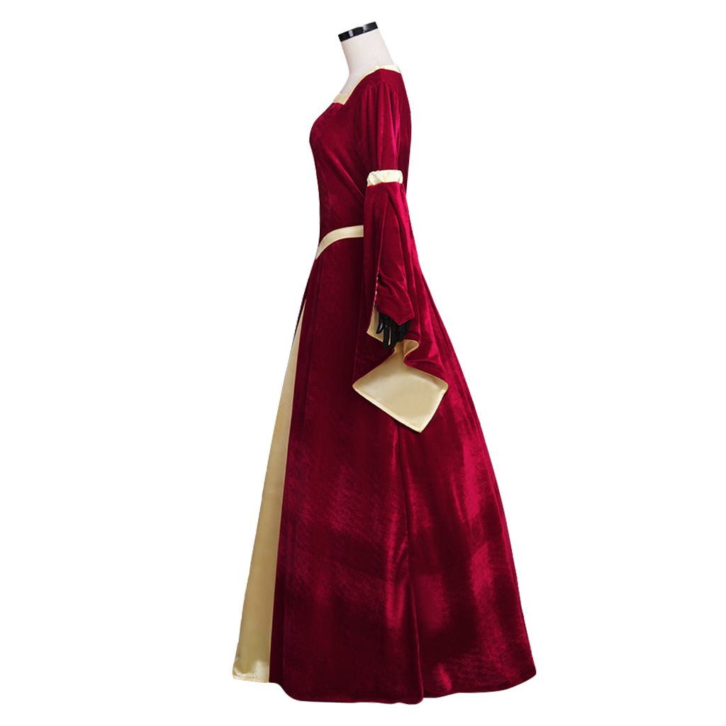 Vestido Medieval de Terciopelo Rojo Oscuro con Forro Amarillo y Mangas de Trompeta para Mujer | Vestido de Boda, Disfraz de Fiesta de Halloween - Fantasia Cosera
