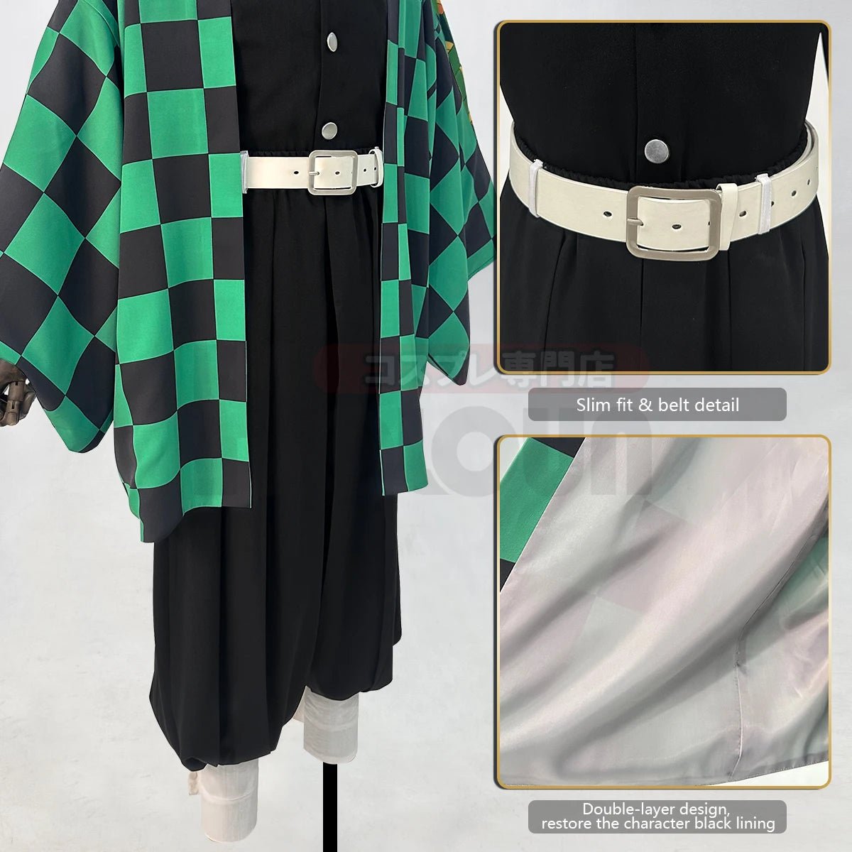 Traje de Cosplay de Kamado Tanjirou de Anime, Peluca, Haori Bordado, Top Elástico, Pantalones, Cinturón, Regalo para Halloween y Navidad - Fantasia Cosera