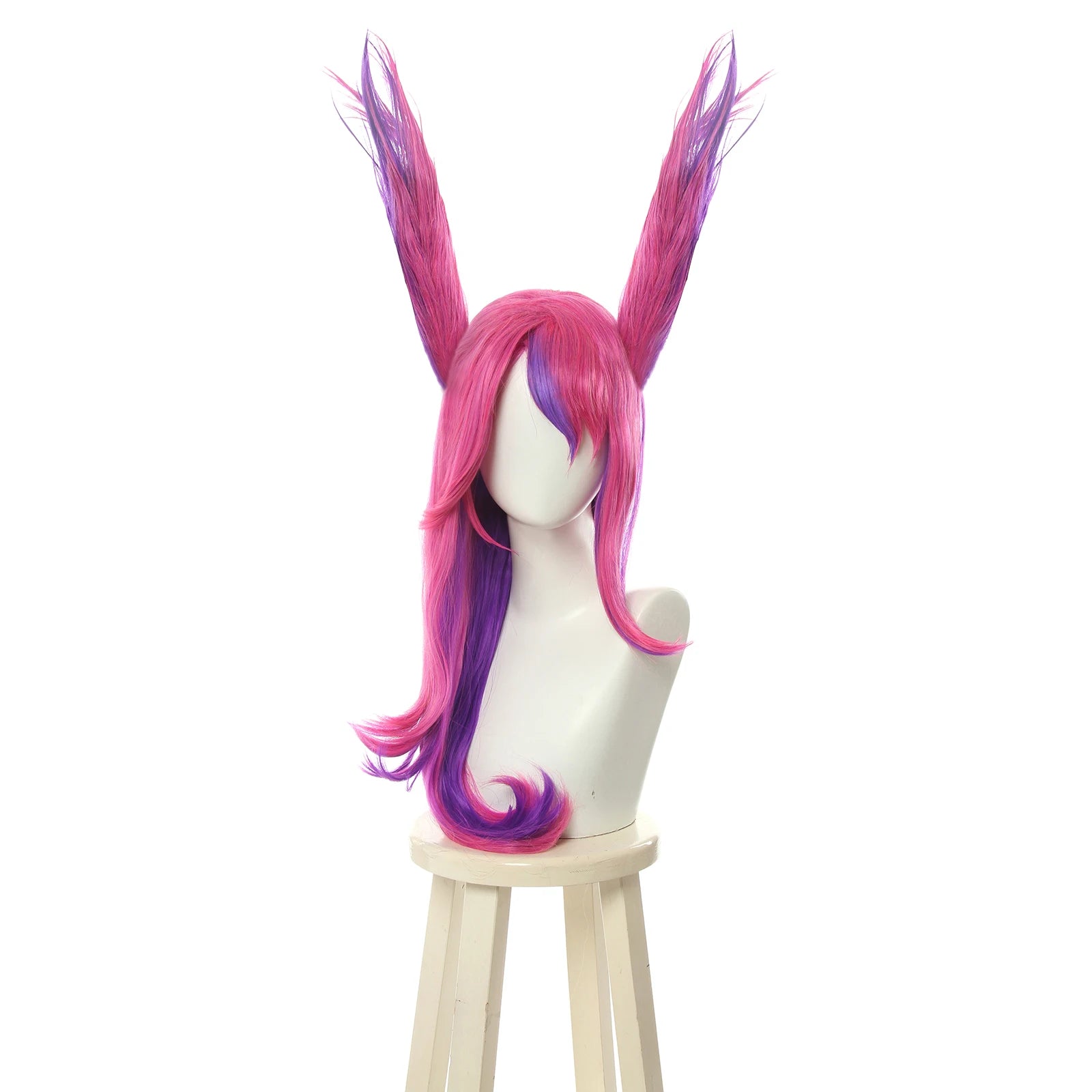 Peluca Cosplay LOL Guardiana Estelar Xayah Rebelde 65cm Largo Rosa Morado con Orejas Pelo Sintético Resistente al Calor - Fantasia Cosera