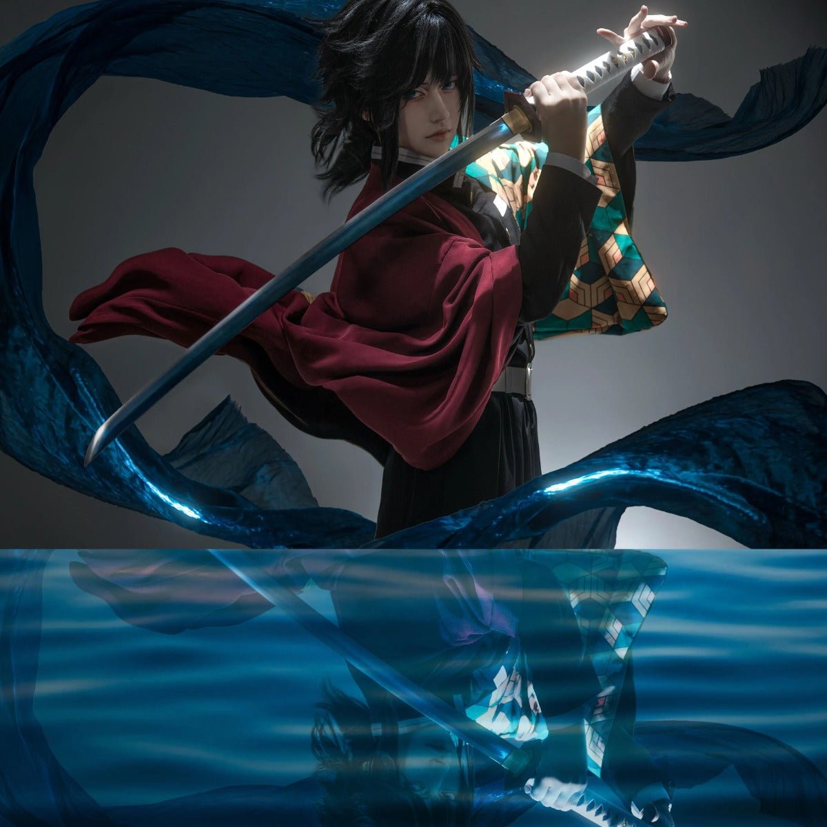 Traje Cosplay Tomioka Giyuu de Demon Slayer con Haori Bordado, Peluca, Pantalones Elásticos y Accesorios para Halloween y Navidad - Fantasia Cosera