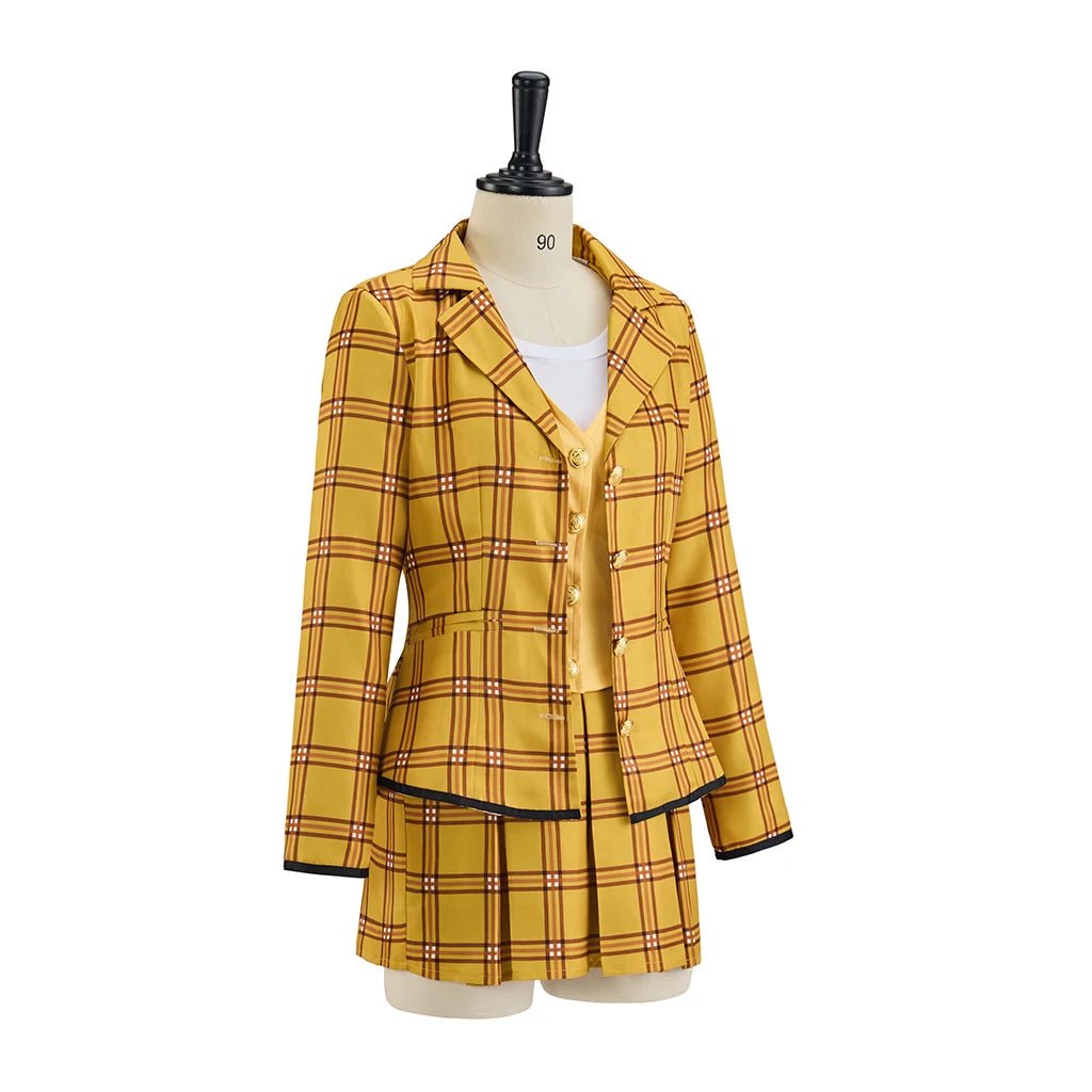 Disfraz de Cher Horowitz de Clueless - Uniforme Escolar de Cuadros Amarillos - Chaqueta, Camiseta, Chaleco y Falda - Outfit para Halloween - Fantasia Cosera