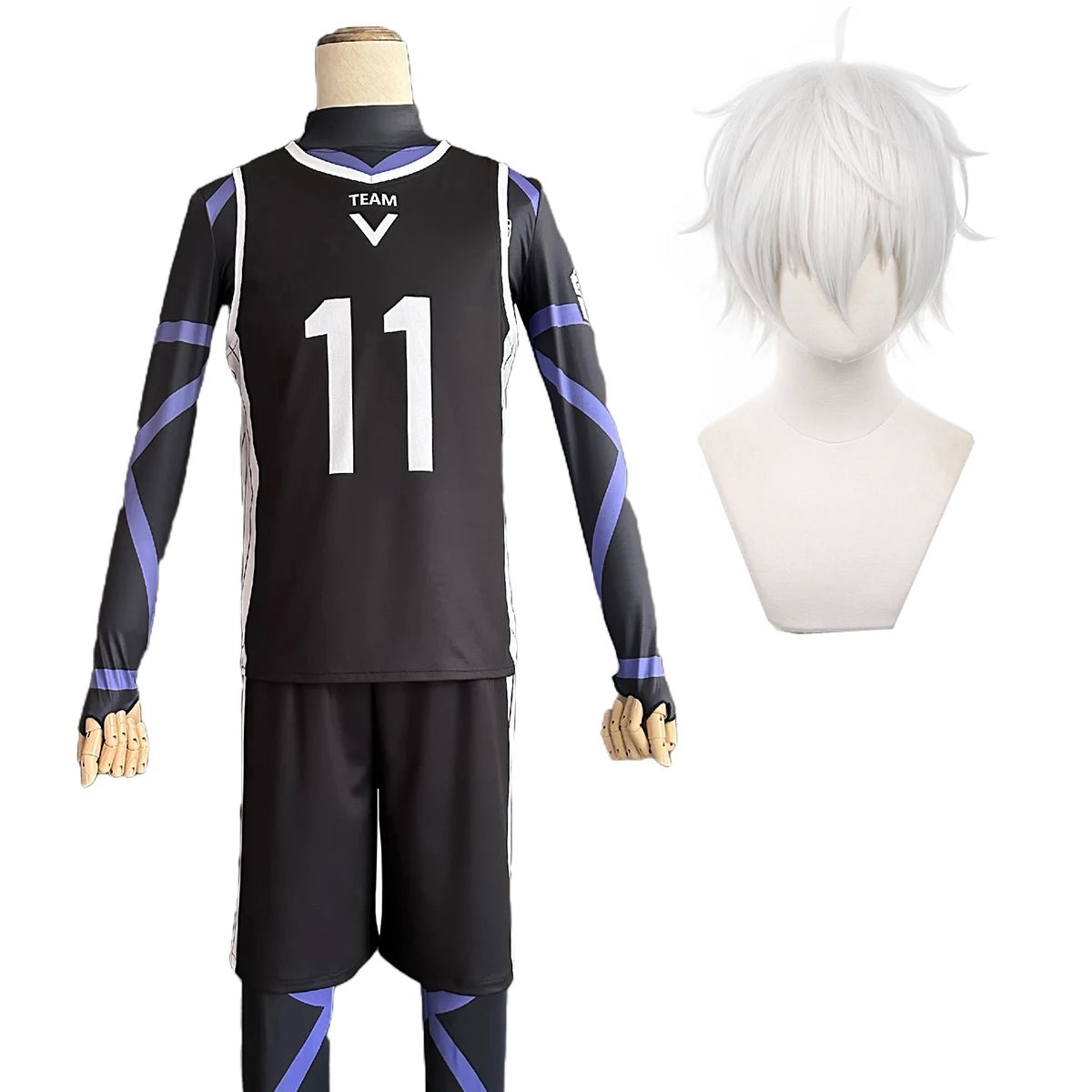 Disfraz Cosplay de Reo Mikage de Blue Lock con Peluca Negra y Camiseta de Fútbol de Entrenamiento con Redecilla Rosa Sintética - Fantasia Cosera