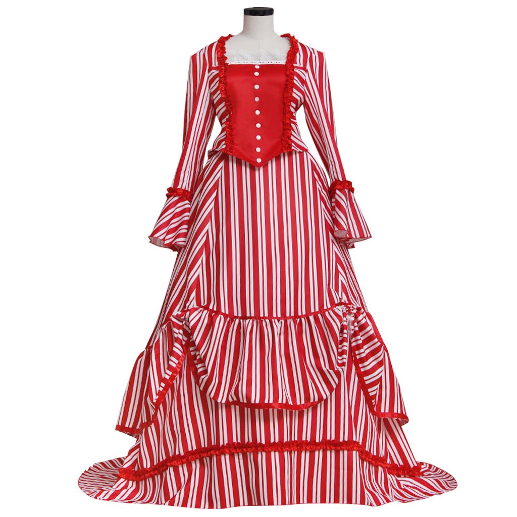 Traje de Cosplay de Sweeney Todd Mrs. Lovett – Vestido Victoriano de Bustle a Rayas Rojas y Blancas para Mujer - Fantasia Cosera