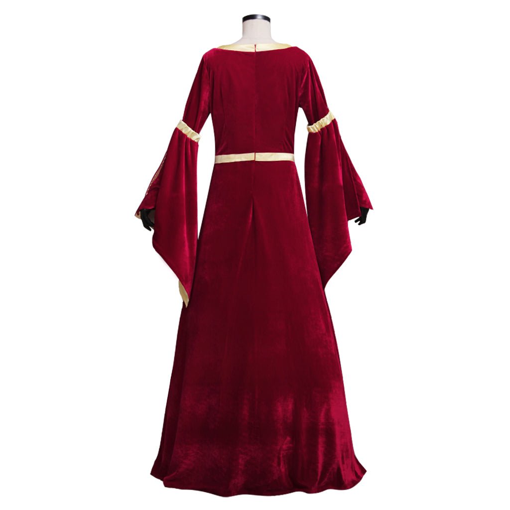 Vestido Medieval de Terciopelo Rojo Oscuro con Forro Amarillo y Mangas de Trompeta para Mujer | Vestido de Boda, Disfraz de Fiesta de Halloween - Fantasia Cosera