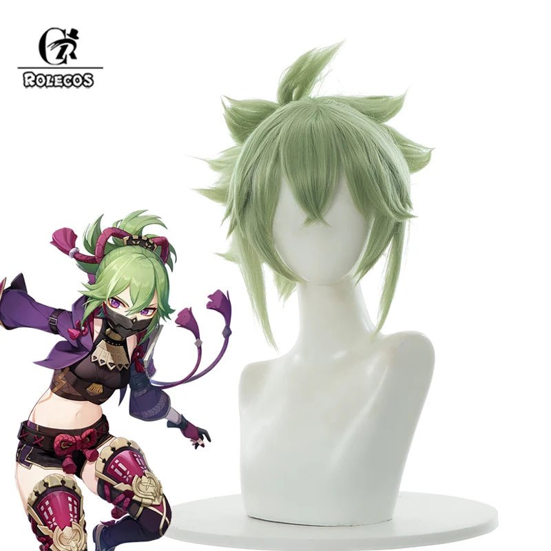 Peluca Genshin Impact Kuki Shinobu 40cm Verde Recta para Mujer, Pelucas de Cosplay Resistentes al Calor Cabello Sintético - Fantasia Cosera