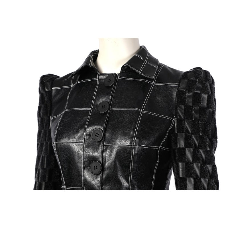 Vestido de Cruella Deville para Halloween con Chaqueta de Cuero Negro y Peluca - Fantasia Cosera