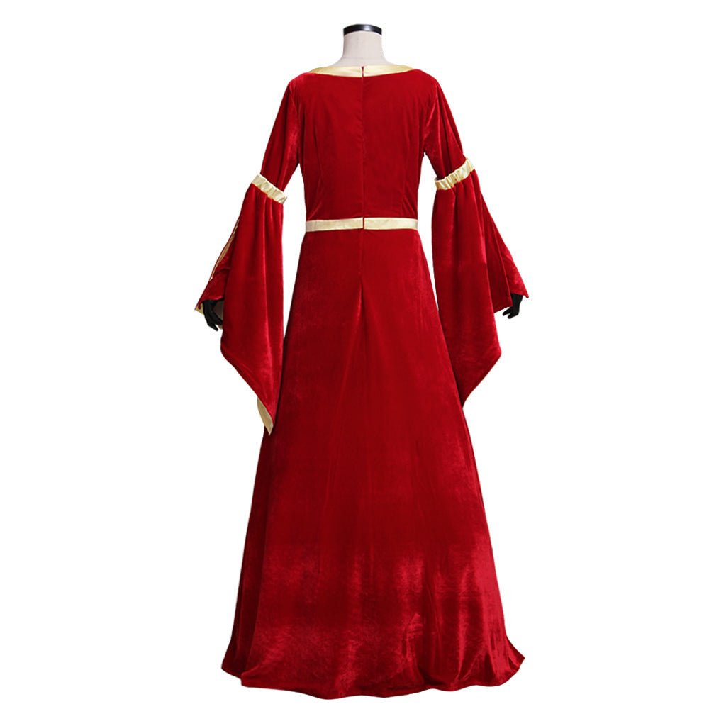 Vestido Medieval de Terciopelo Rojo y Amarillo con Mangas Trompeta | Traje para Bodas y Fiestas de Disfraces - Fantasia Cosera