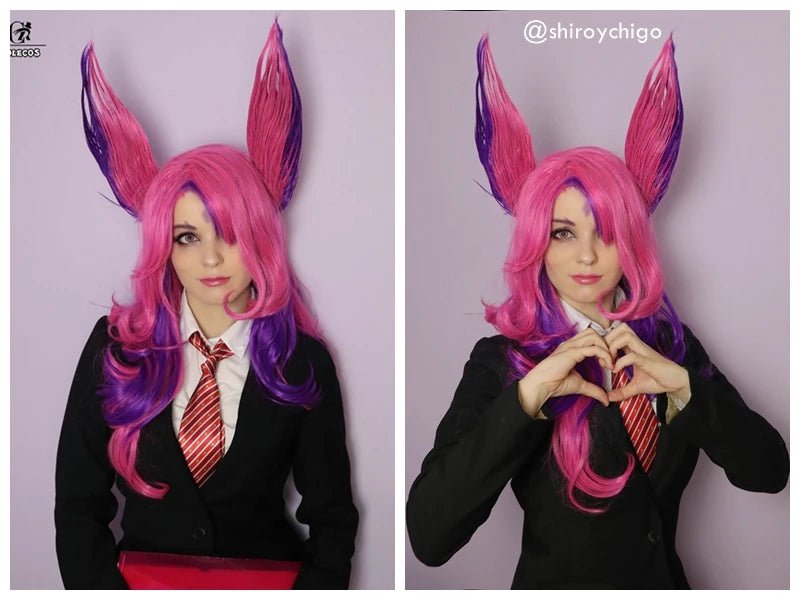 Peluca Cosplay LOL Guardiana Estelar Xayah Rebelde 65cm Largo Rosa Morado con Orejas Pelo Sintético Resistente al Calor - Fantasia Cosera