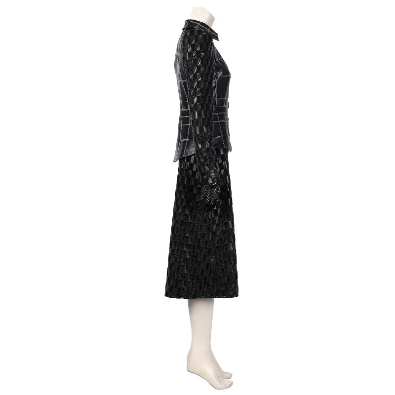 Vestido de Cruella Deville para Halloween con Chaqueta de Cuero Negro y Peluca - Fantasia Cosera
