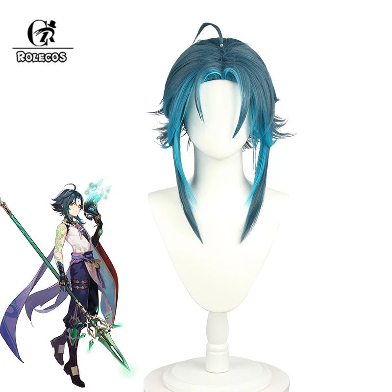 Peluca Xiao Cosplay Genshin Impact - Peluca Corta Azul Mezclado 40cm, Resistente al Calor - Fantasia Cosera