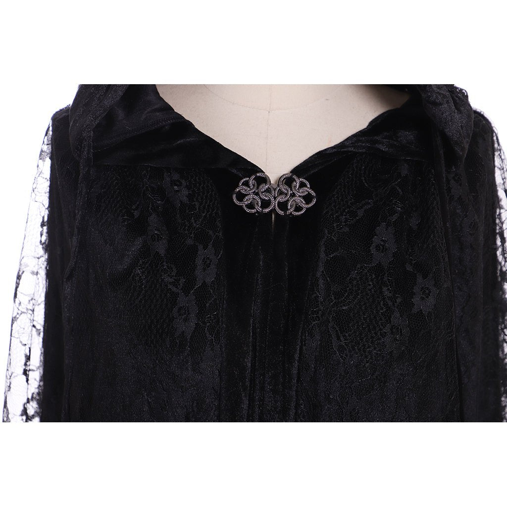 Capa Larga con Capucha para Mujer Estilo Steampunk, Capa de Bruja Negra con Encaje, Abrigo Largo de Sacerdotisa para Halloween - Fantasia Cosera