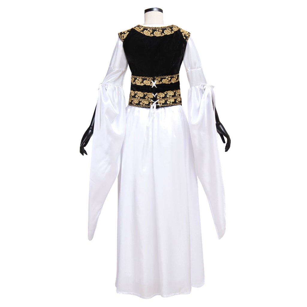 Vestido Medieval Blanco con Chaleco Negro para Adultos - Traje de Cosplay Personalizado para Fiestas de Halloween y Carnaval - Fantasia Cosera