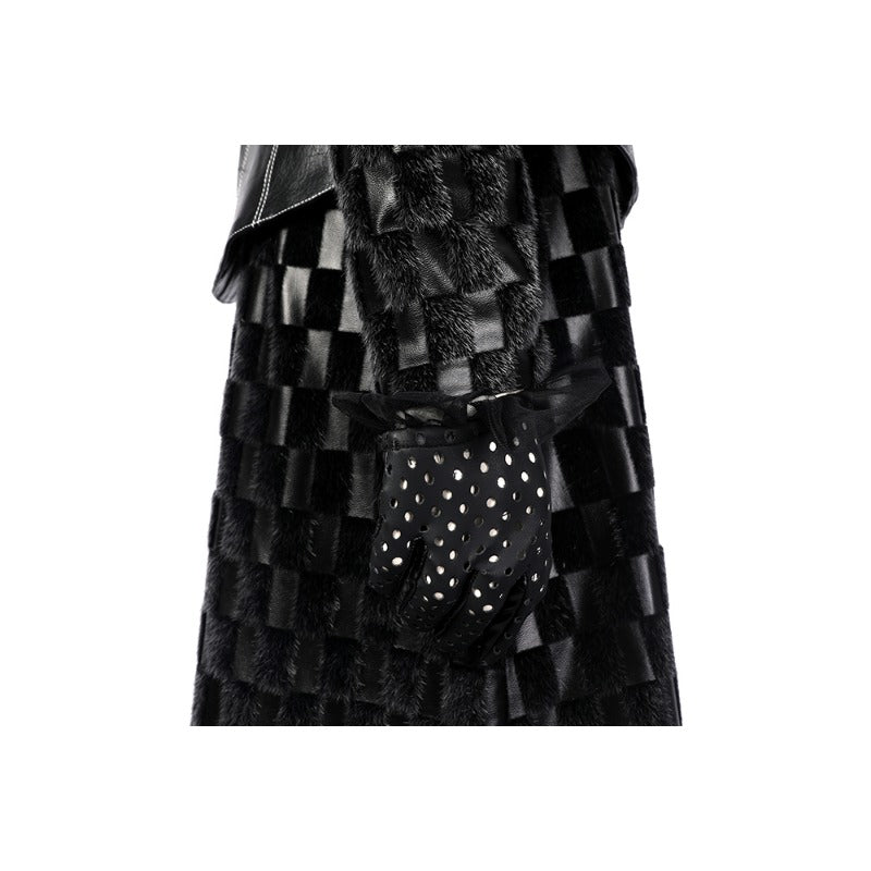 Vestido de Cruella Deville para Halloween con Chaqueta de Cuero Negro y Peluca - Fantasia Cosera