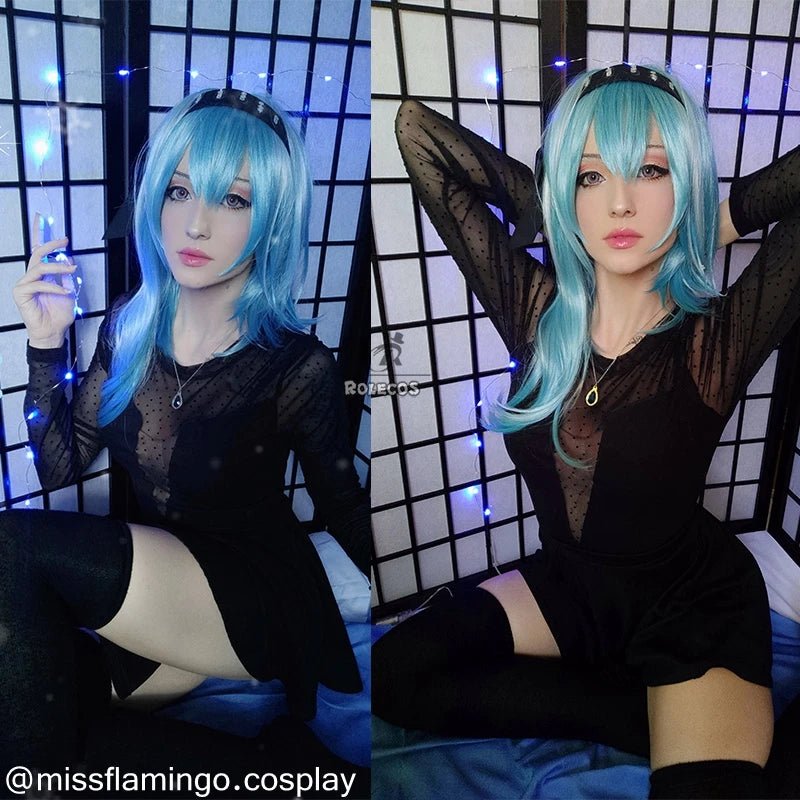 Peluca Cosplay Eula de Genshin Impact 50cm Azul Accesorio Eula - Cabello Sintético Resistente al Calor - Fantasia Cosera