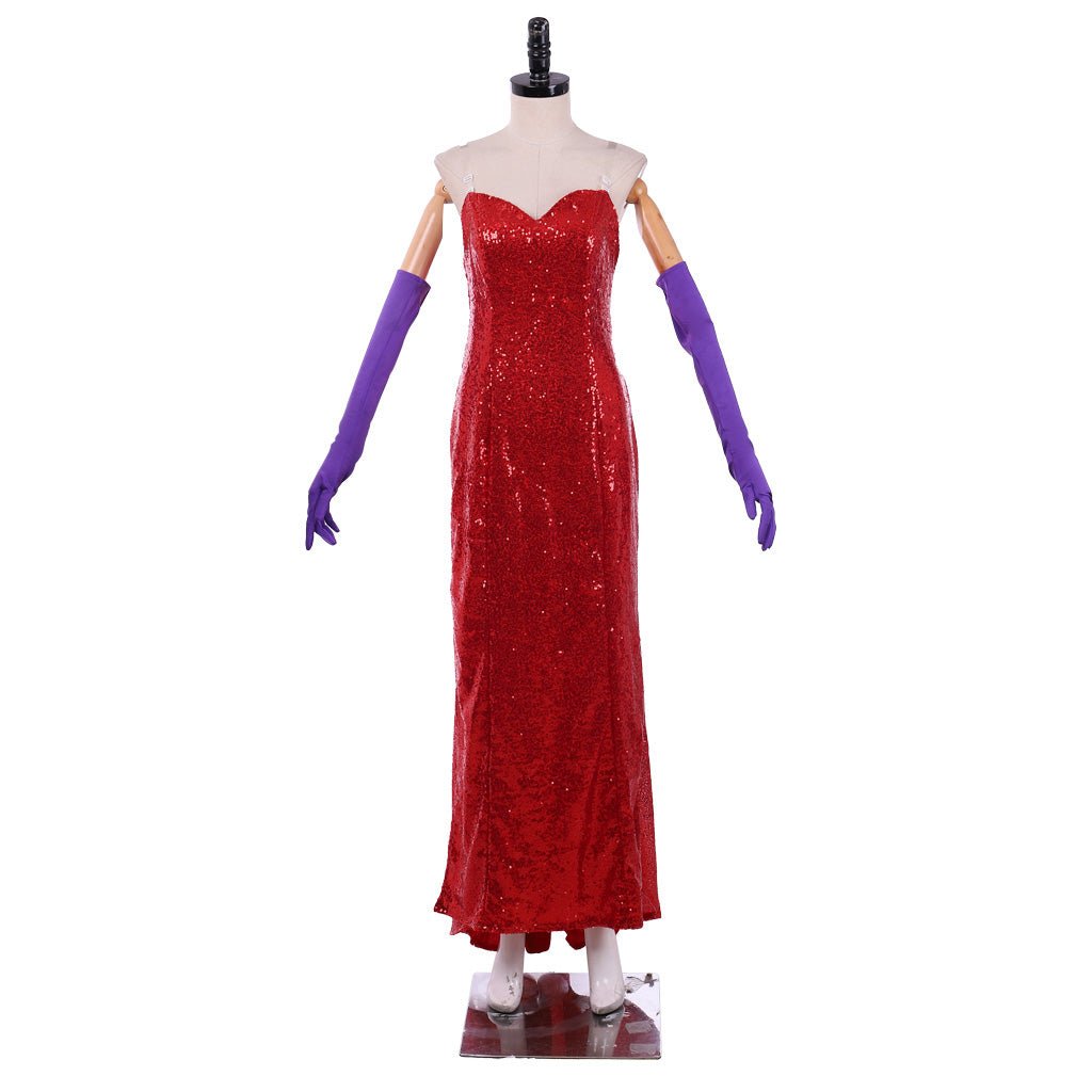 Vestido de Cosplay de Jessica Rabbit Rojo Escotado con Guantes Morados - Fantasia Cosera