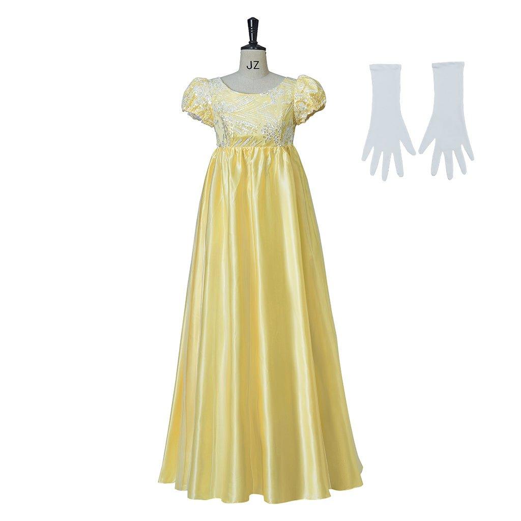 Vestido Imperio de Seda Brillante Amarillo | Disfraz Cosplay Estilo Regencia Inspirado en Penelope Featherington - Fantasia Cosera