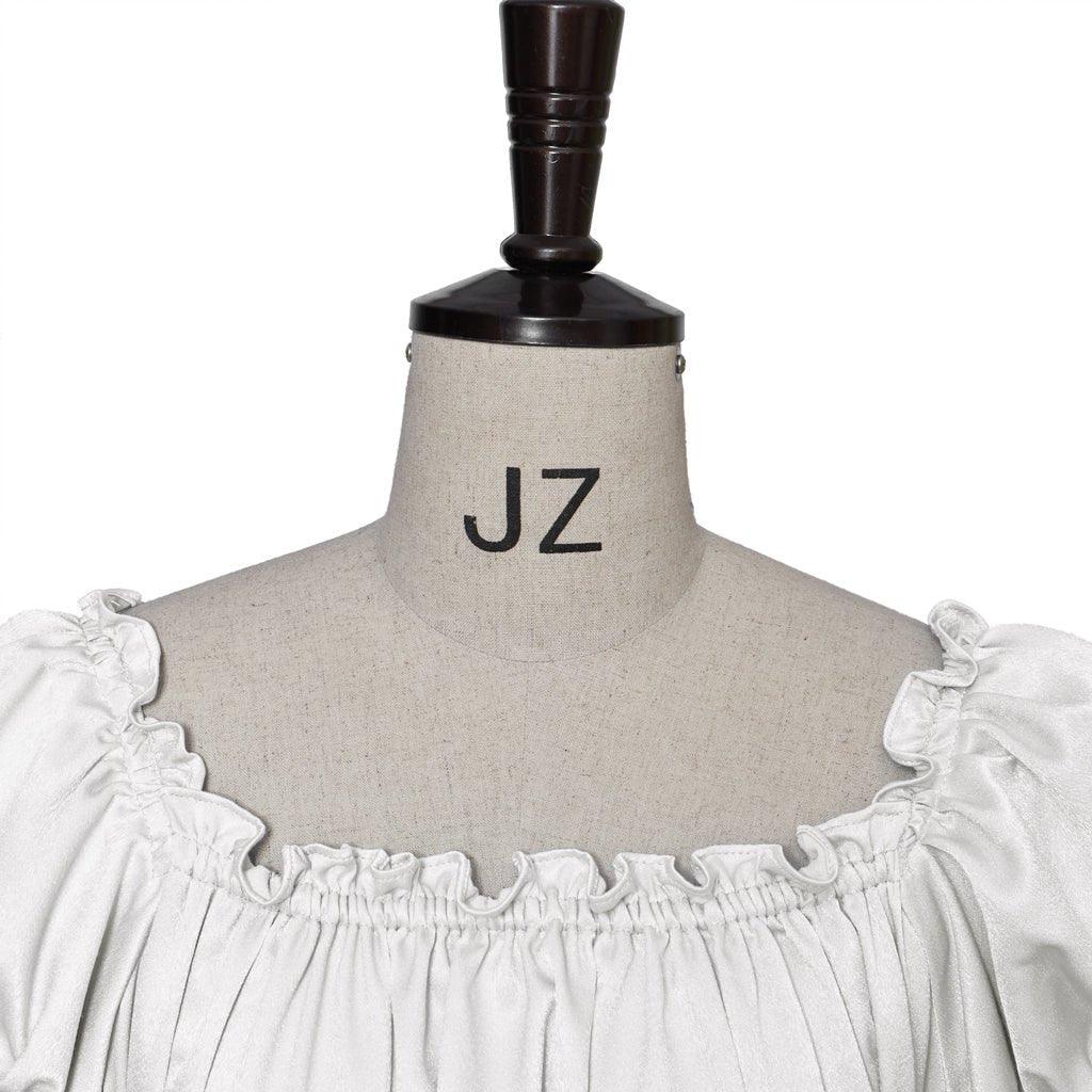 Vestido Medieval Imperio Tradicional - Traje Cosplay Bridgerton en Tela Plateada Blanca de Seda - Fantasia Cosera