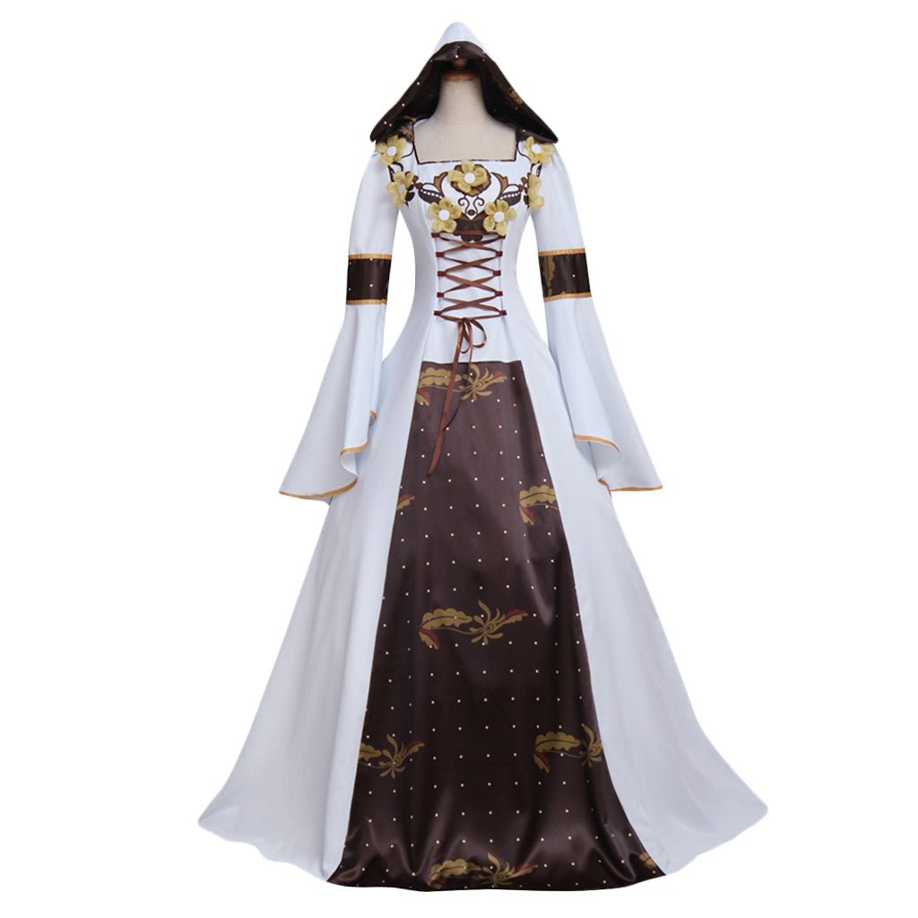 Vestido de Boda Medieval Victoriano Renacentista Gótico con Capucha y Flores - Fantasia Cosera