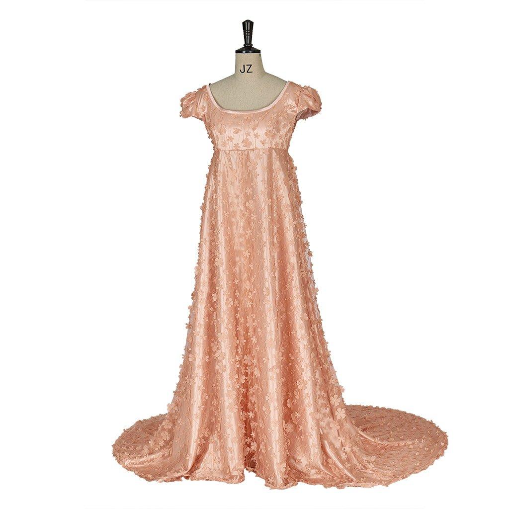 Vestido de Regencia Rosa con Patrón de Champagne - Para Cosplay de Bridgerton y Eventos - Fantasia Cosera
