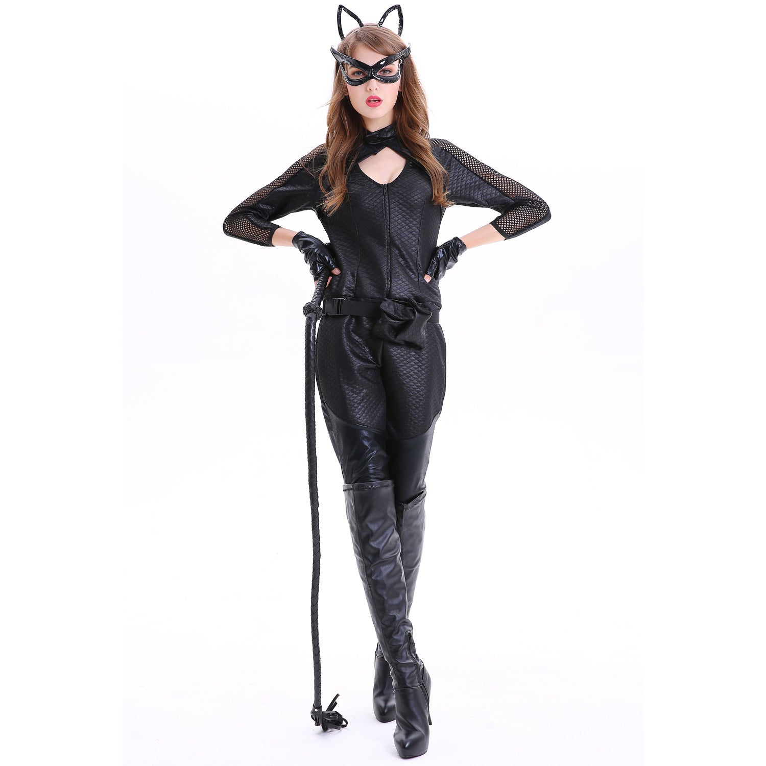 Traje de Catwoman para Mujer - Halloween Piel Sintética Máscara de Gato Cosplay - Fantasia Cosera